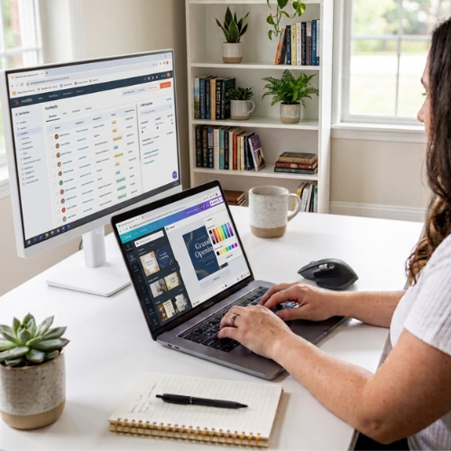 Ashley working at a bright home office desk with laptop, monitor, and houseplants